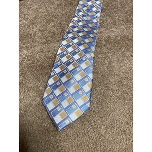 Michael Kors Mens Necktie Gold Light Blue Geometric Square Silk 3.5" Designer